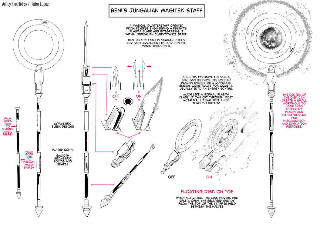 Weapon design for Beni, the Jungalian shaman! Black and white version👽🦊🧙