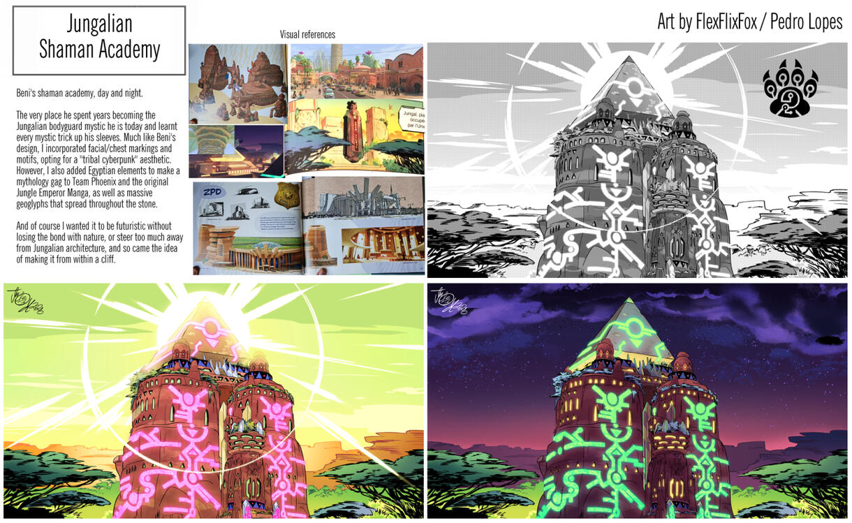 Background design, featuring the shaman Academy, Beni spent years to train and become who he is today, depicting it in three versions: black and white Manga, coloured day and coloured night