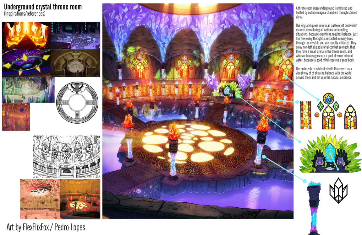 A throne room deep underground illuminated and heated by outside magma chambers through stained glass. mapped in 3D followed by tracing it in 2D to apply the details