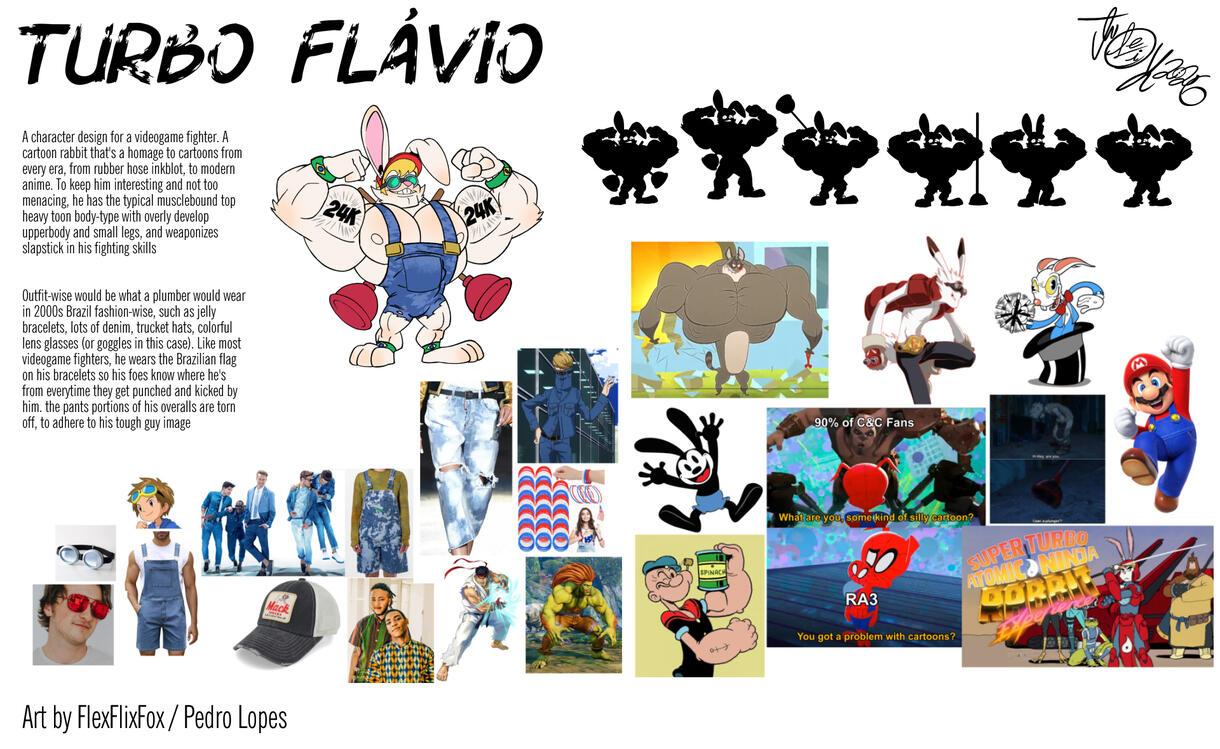 I worked on for Concept Art classes: design a character sheet for a Smash Bros. -type of videogame, in the sense that anyone can join regardless of background or species, as they'll cross spacetime to battle. I designed one based on a description that was